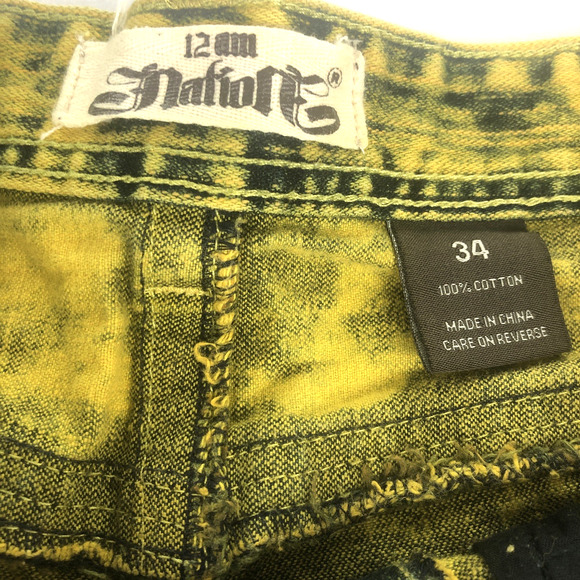 12am Nation Mens Distressed Denim Shorts Size 34 Mustard Yellow Black Acid Wash - Picture 3 of 15